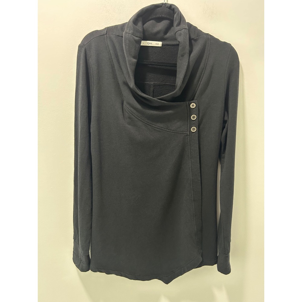 Tonic Women Black Soft Bamboo Fleece Asymmetrical Wrap Cowl Neck Jacket Large